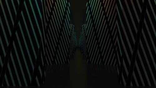 Pasillo oscuro con patrón geométrico que crea una arquitectura abstracta