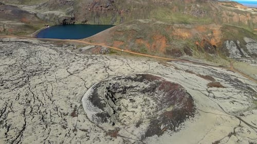 Aerial view of Trolladyngja crater and lake, Iceland.