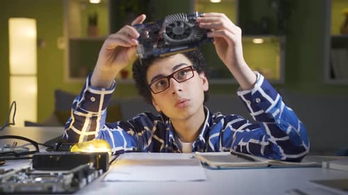Young Adult Inspects Computer Part Under Desk Lamp