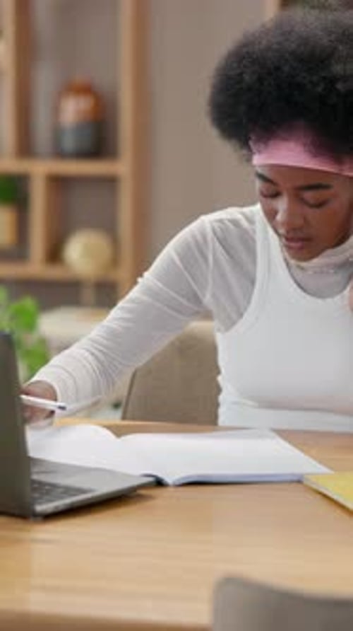 Student, laptop and music with black woman in home office for research assignment