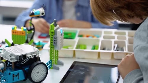 Students Building Robots in a Modern Classroom