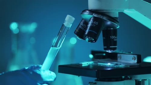 Closeup of Scientific Microscope Laboratory in Hospital Epidemic Disease Healthcare Vaccine Research