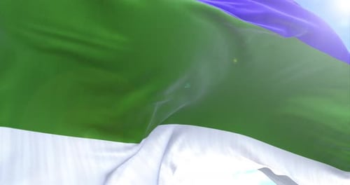 Blue Green White Flag Waving in Sunny Sky