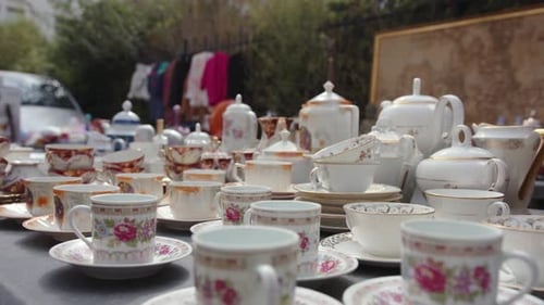 Crockery Display Outdoor On Market Stall In France. Close-up Shot