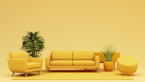 Minimalist Furniture Rotating in Yellow Interior Animation