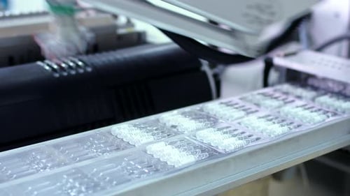 Pharmaceutical Packaging Line at Pharmaceutical Plant. Pharmaceutical Manufacturing Line. Robotic Ar