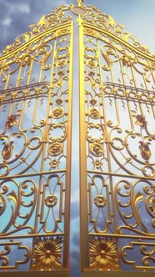 Ornate Golden Gates Opening Transition Revealing Bright Sky