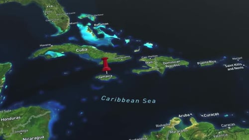 Caribbean Map Zoom with Jamaica Location Pin