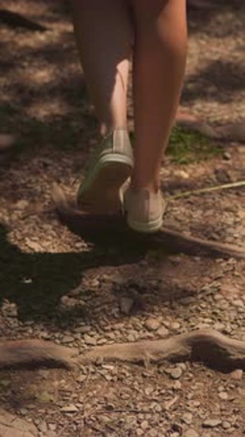 Female Feet Step on Sunlit Dirt Path Walking Hiking Route