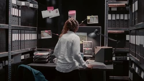 Adult At Desk Works In Cluttered Office