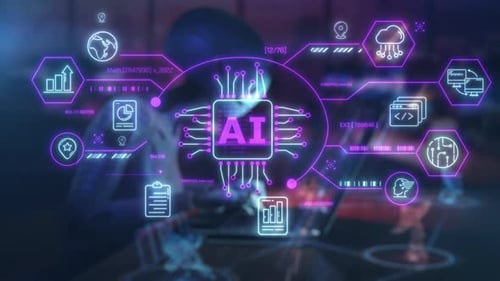Inteligência artificial processando dados com uma interface de néon brilhante