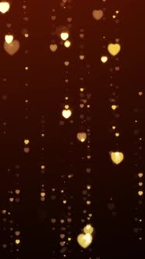 Corações dourados brilhantes, partículas caindo