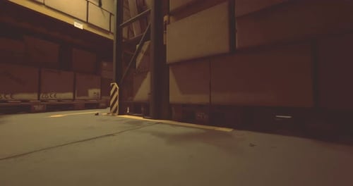 Intérieur d'un entrepôt industriel avec boîtes empilées au crépuscule