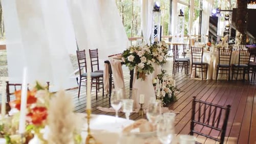 Beautiful Wedding Table Decor All Decorated in Pastel Colors Camera Moving Festive Served Plates