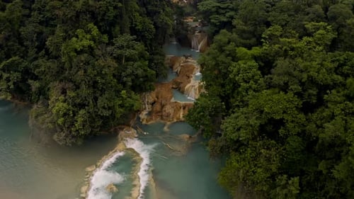 Aerial drone shot of the Agua Azul waterfalls in Chiapas, Mexico