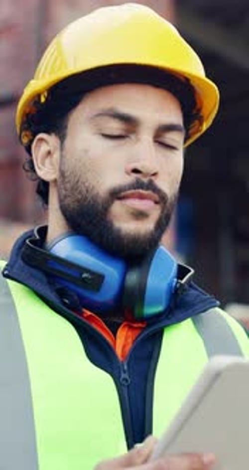Building, tablet and thinking with man on construction site for engineering or property development