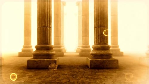 Cinematic Golden Temple Columns Retro Fly-Through