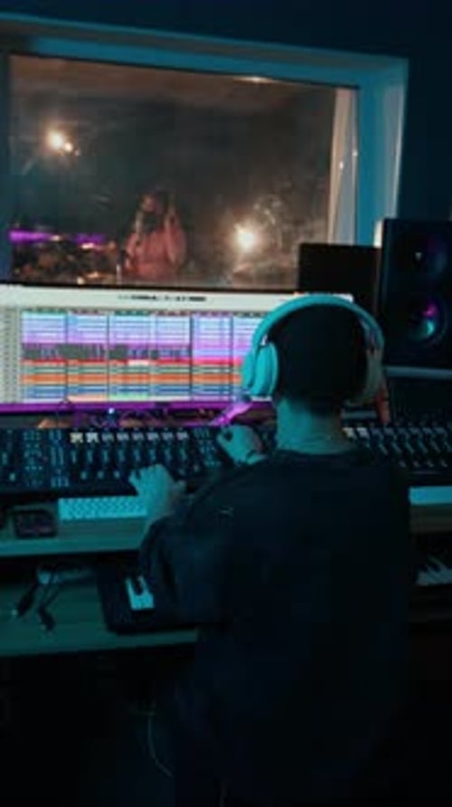 Male Sound Engineer with White Headphones Using Audio Mixer in Control Room