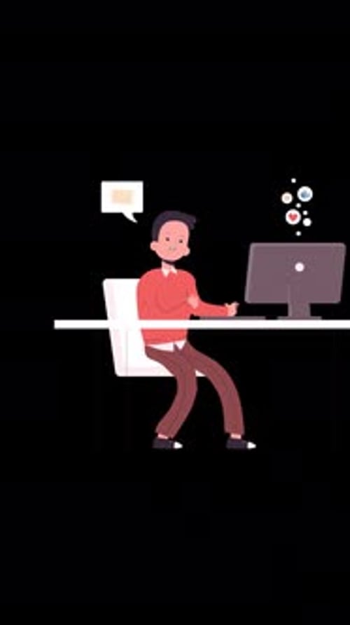 Businessman Sitting At Desk Working On Computer Cartoon Animation On Vertical On Alpha Channel