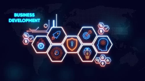 Digital Business Development Icons Glowing Hexagon Interface