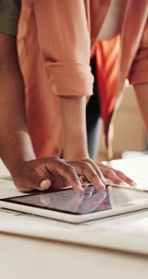 Hands, couple and tablet screen with blueprint for renovation, home construction or interior design