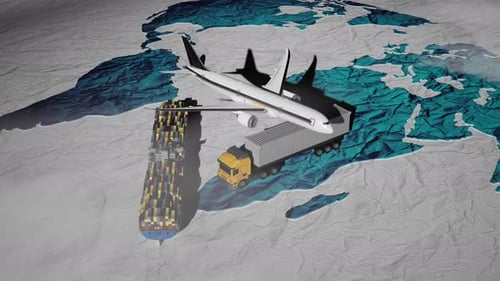 Global Logistics Network with Animated Cargo Ship, Plane, and Truck