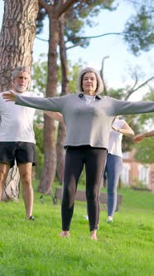 Senior Friends Practicing Yoga Together in a Park
