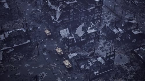 Tank March in Rainy Destroyed City