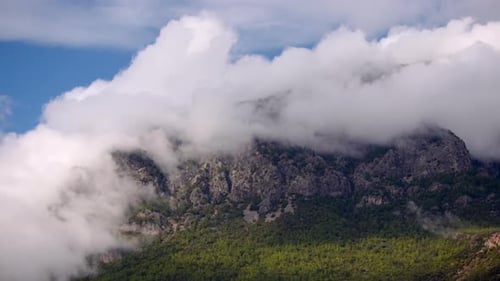 Mountain Peaks and Lush Green Forest with Clouds