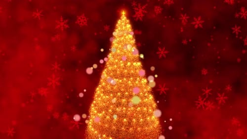 Glowing Particle Christmas Tree Reveal on Red Snowflake Background