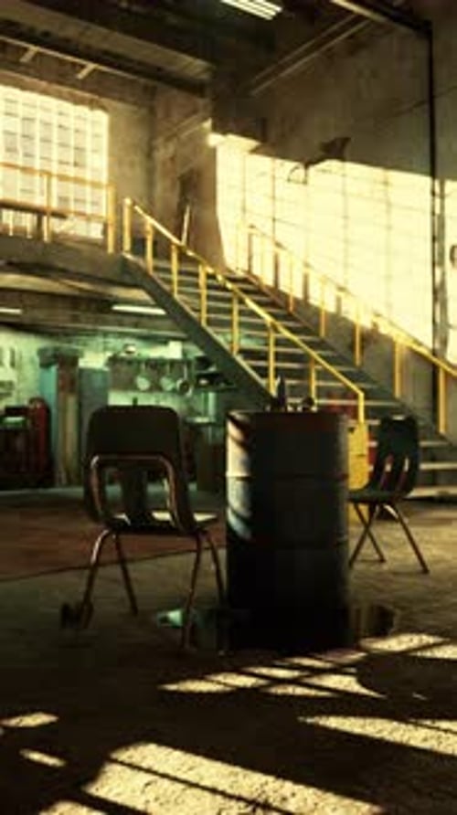 Chair and Trash Can in Old Auto Repair Shop