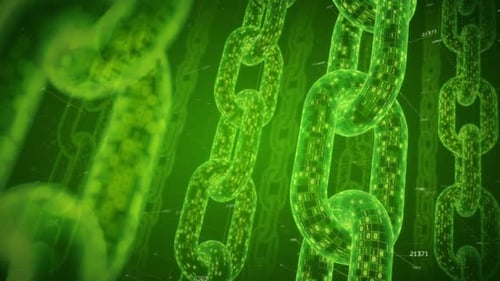 Green Seamlessly looping animation of futuristic blockchain concept. Binary data flows through chain