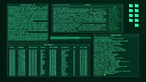 HD Database Encryption Hacking Console. Cyber Security User Data Breach Digital Background Animation