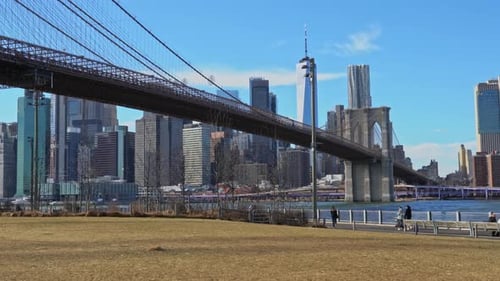 Brooklyn Bridge with Manhattan skyline in background in New York City