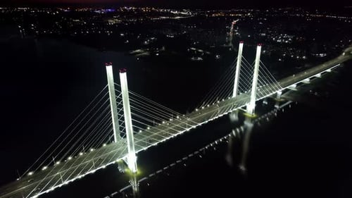 Bridge Night Illuminated Logistic Industrial Highway Crossing Sea Movement Car Aerial Panorama View