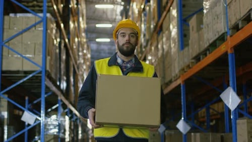 Loader Wearing Hard Hat Carries Cardboard Box Through Warehouse Storage Space full of Rack Pallets