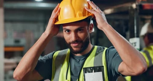 Helmet, worker and confidence of man in construction, safety and industry of engineering