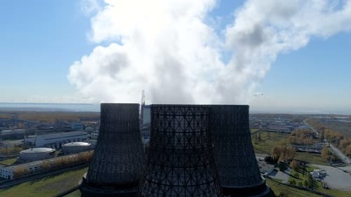 Aero Flight and Top View of Spewing Fumes Near Megapolis From Metallurgical