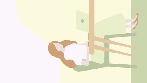 Cartoon woman working on laptop computer in office, animation. Vertical video