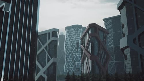 Group of Tall Buildings in Futuristic City