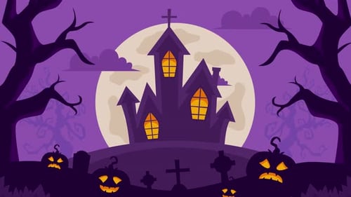 Animated Flat Design Haunted House Halloween Night Scene