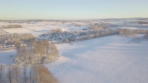 Amazing winter landscape with trees and fields covered with white snow till the horizon on a bright