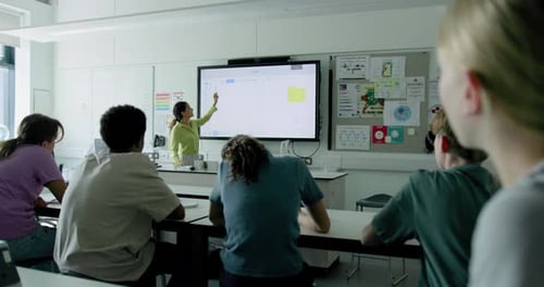 School Children in Classroom listening to Teacher using Interactive Whiteboard
