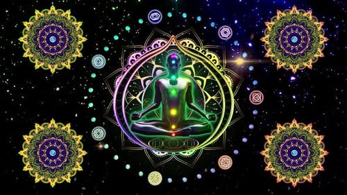Meditating Figure with Glowing Chakras and Colorful Mandalas