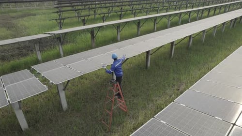 Topview of photovoltaic power plants, Photovoltaic solar system for alternative energy, drone view.