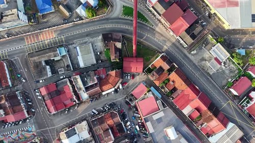 Aerial shot of a town with red-tiled roofs