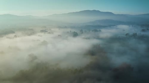 Aerial view of a beautiful sea of clouds over the meadow on a misty morning.