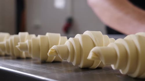Unbaked Croissants Rows in Bakery Preparation