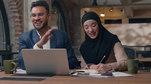 Two Business Colleagues Team Man Woman Office Video Call Teamwork Talking Happy Arabian Muslim