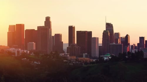 Los Angeles skyline in California after sunset.